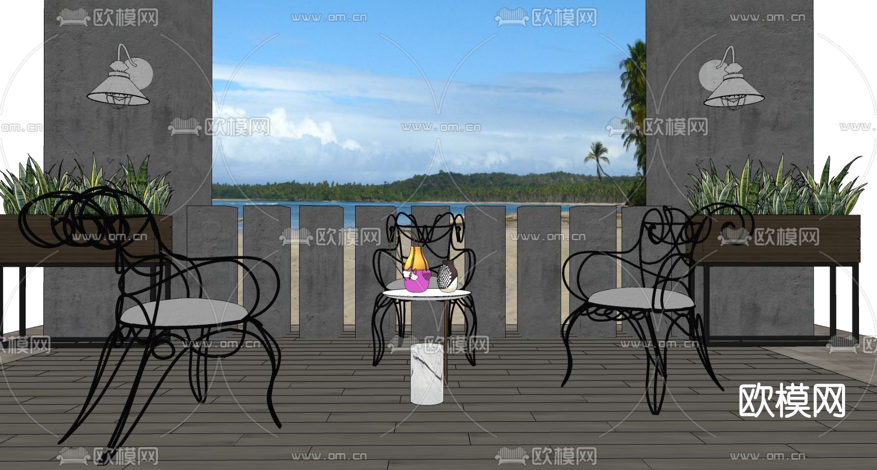 简欧铁艺户外休闲椅su模型下载（渲染图2）