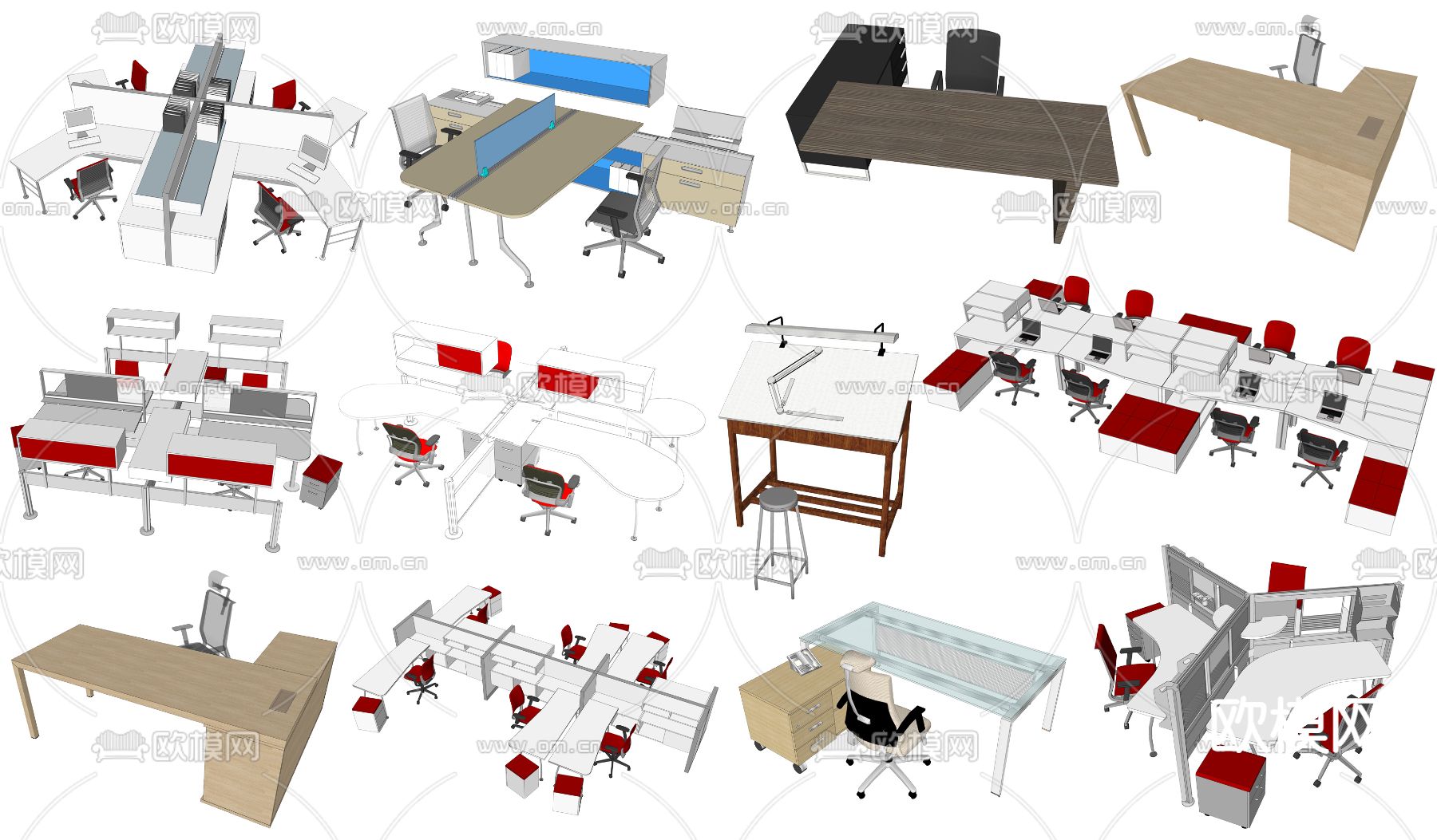 现代班台桌su模型下载