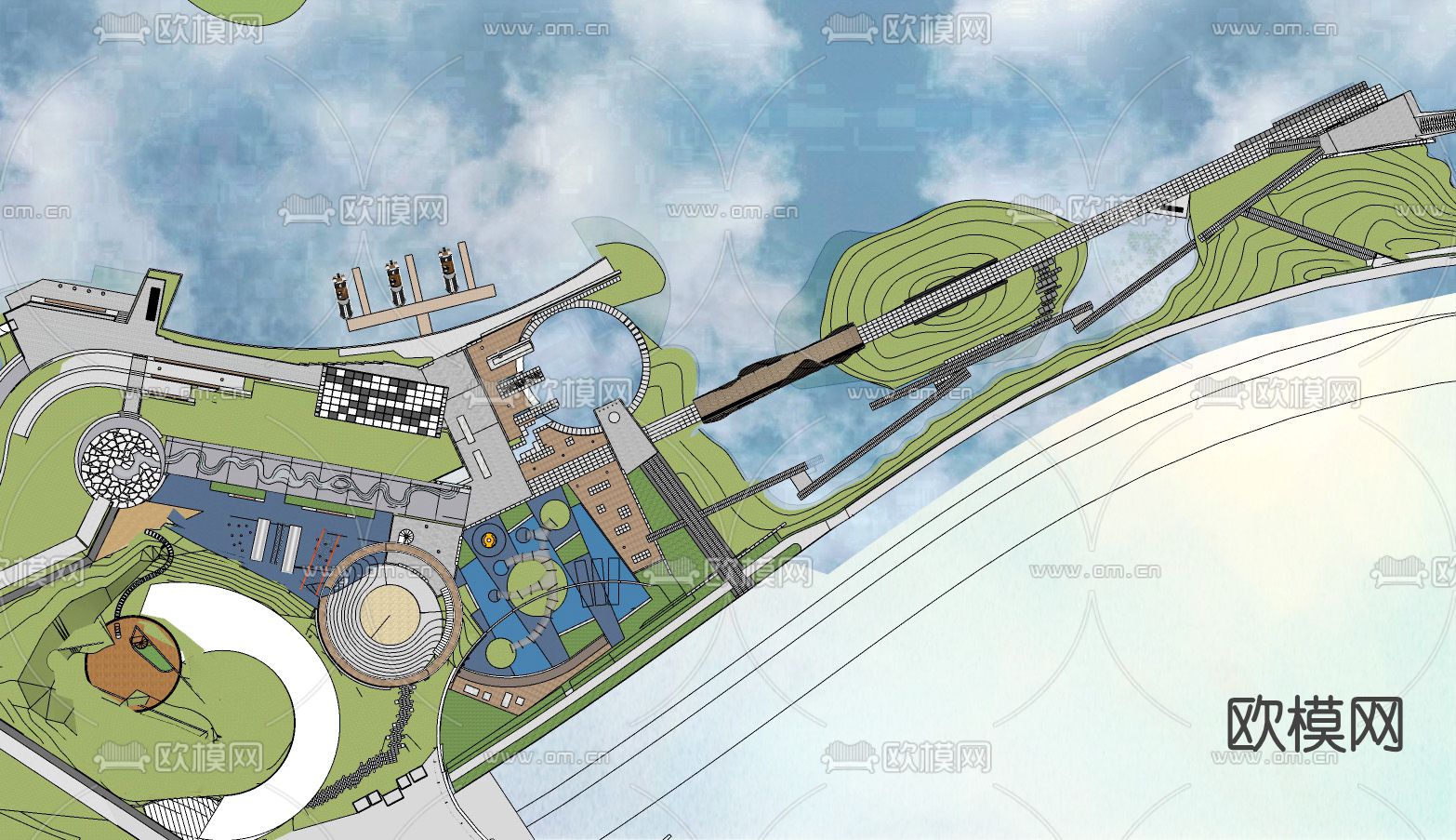 现代滨水公园鸟瞰su模型下载（渲染图2）