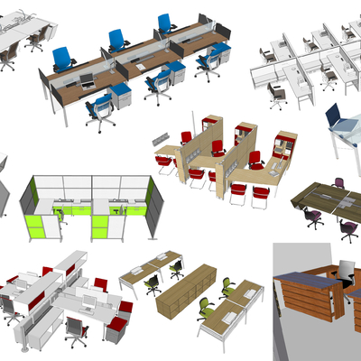  现代屏风卡位办公桌椅su模型 