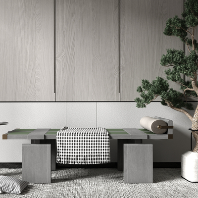  新中式沙发凳床尾凳su模型 