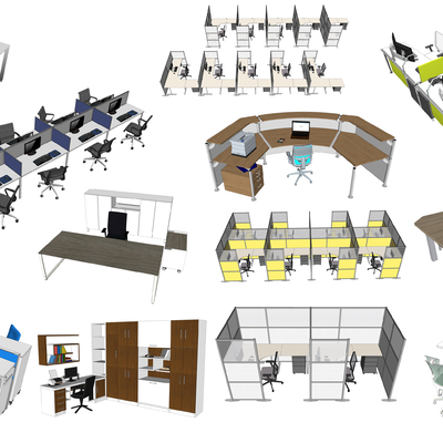  现代屏风卡位办公桌su模型 