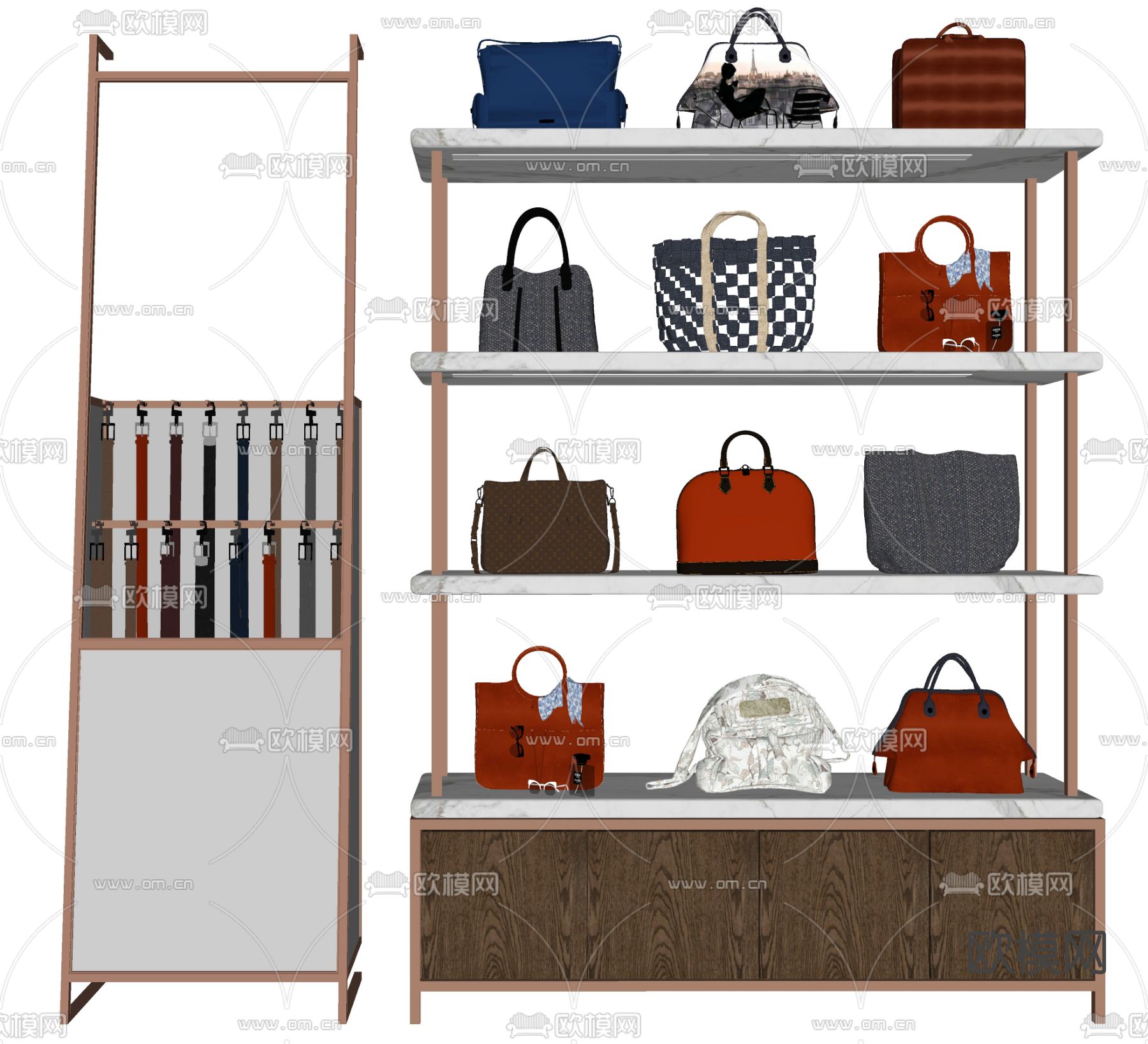 现代包包皮带货柜展架su模型下载（渲染图2）