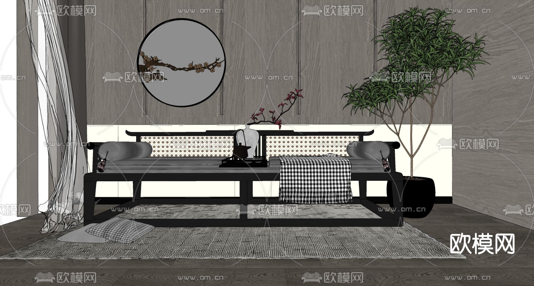 新中式实木罗汉床su模型下载（渲染图2）