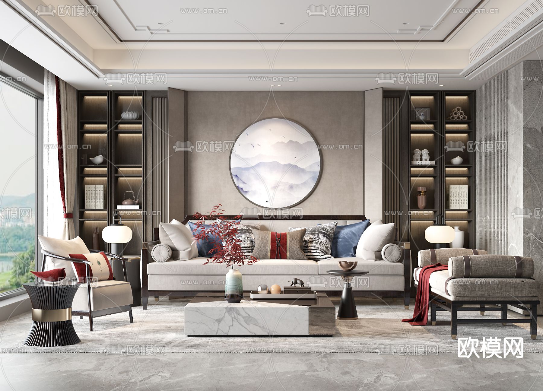 新中式布艺沙发组合3d模型下载