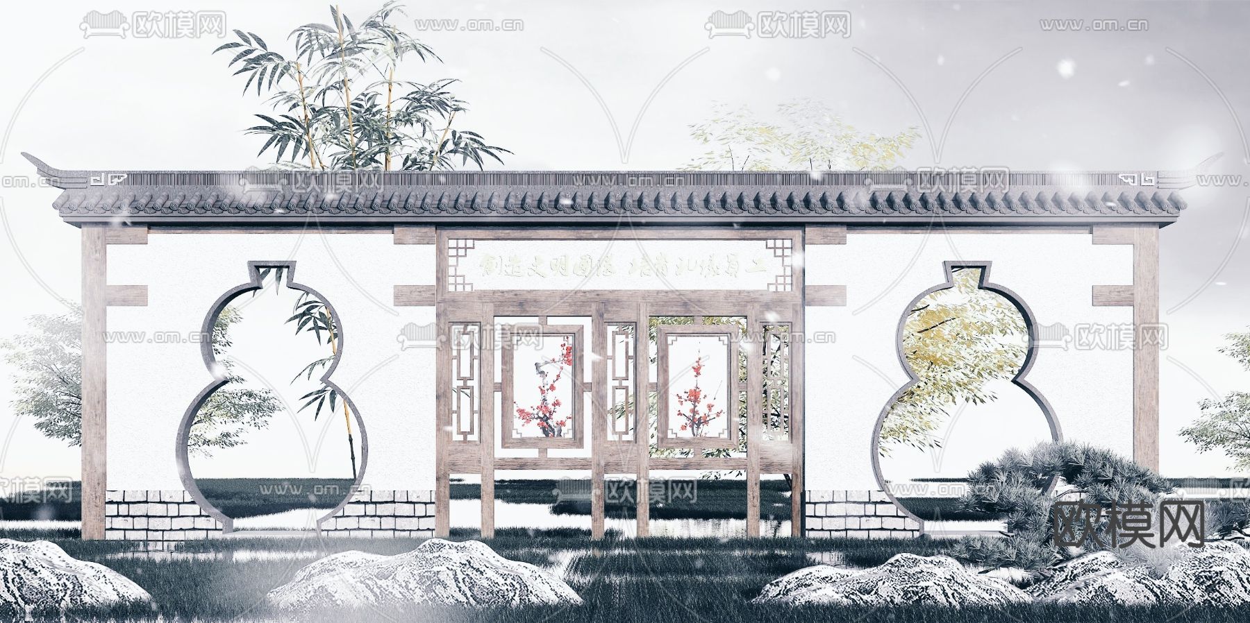 中式园林景观墙3d模型