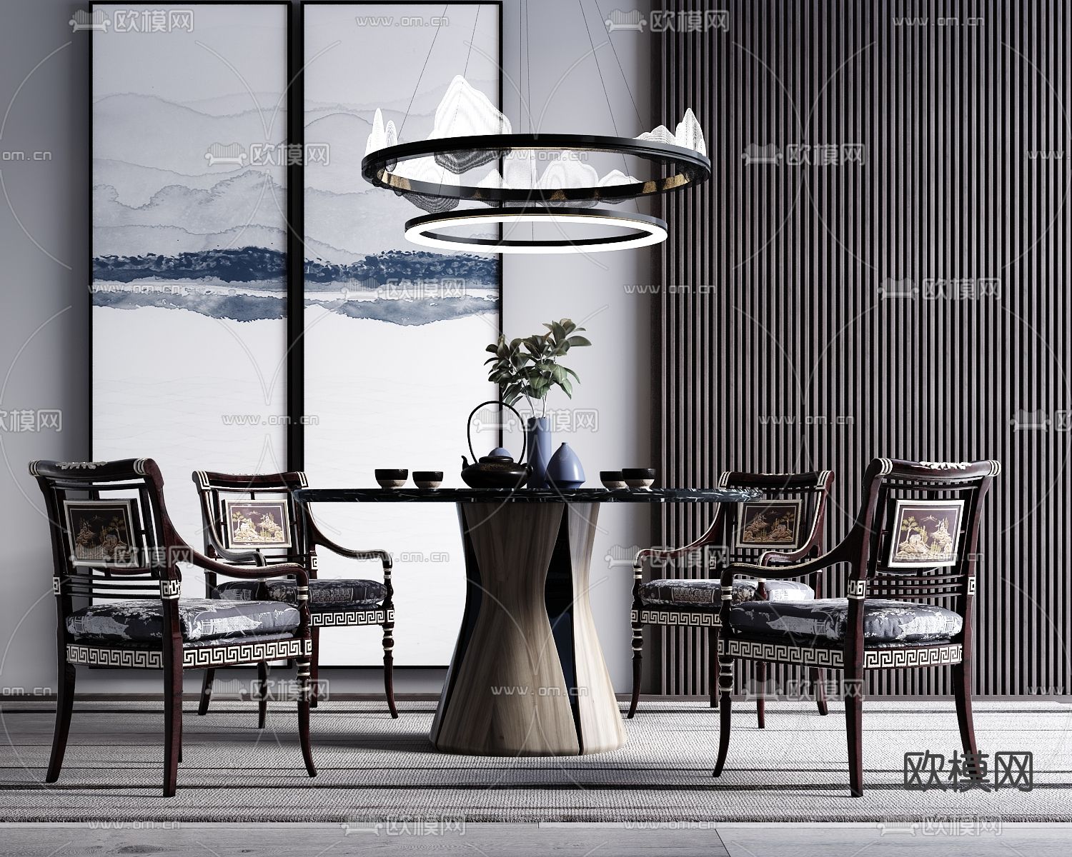 新中式轻奢餐桌椅su模型下载（渲染图1）