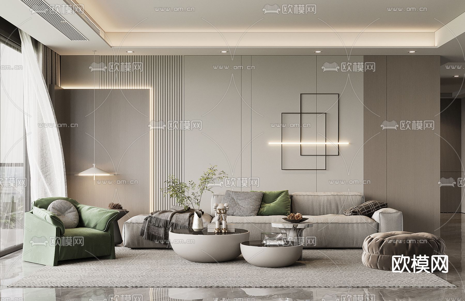 现代布艺沙发组合3d模型下载（渲染图1）