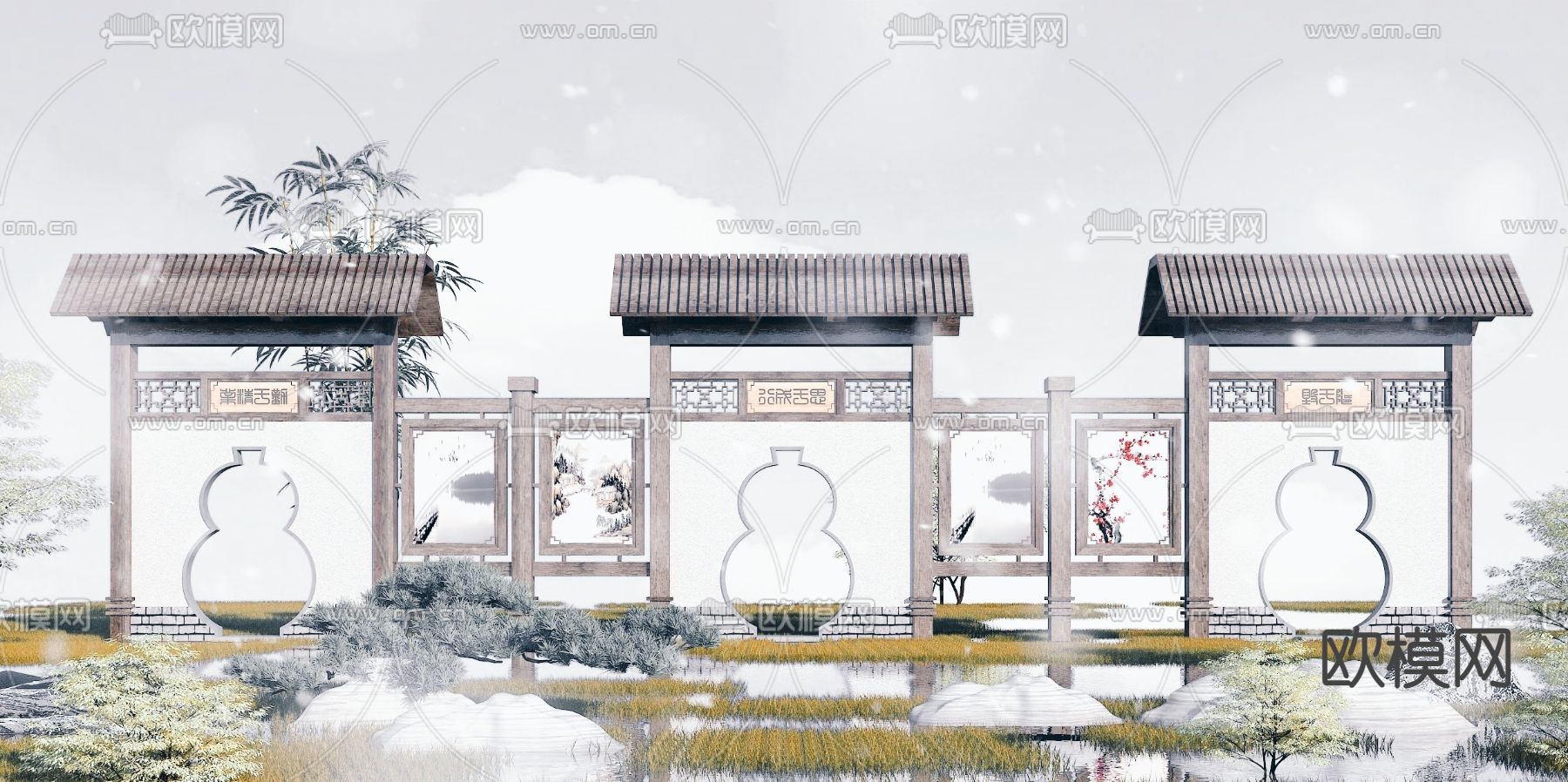 中式园林景观墙3d模型