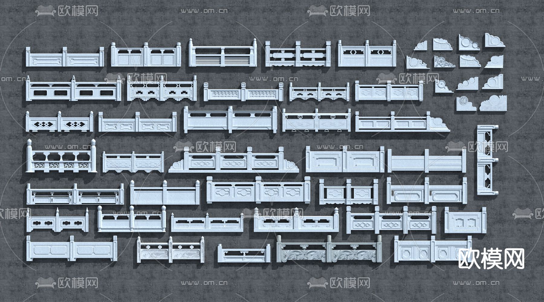 中式石材栏杆su模型下载