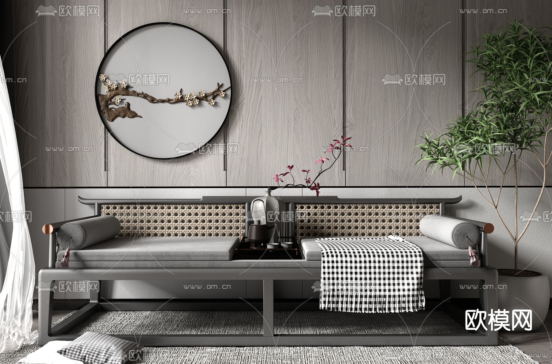 新中式实木罗汉床su模型下载（渲染图1）