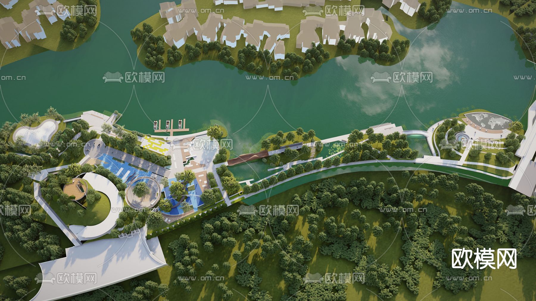 现代滨水公园鸟瞰su模型下载（渲染图1）