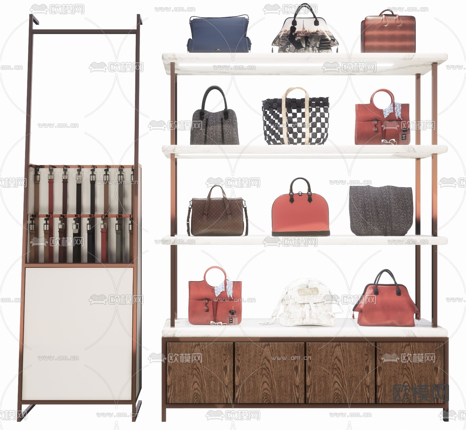 现代包包皮带货柜展架su模型下载（渲染图1）