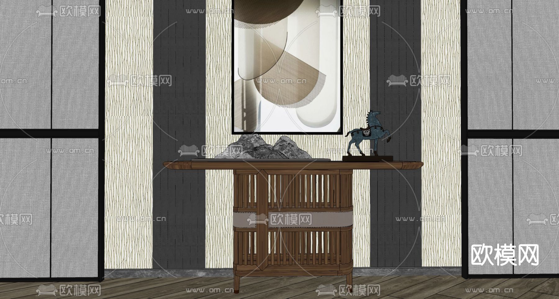 新中式轻奢端景条案su模型下载（渲染图2）