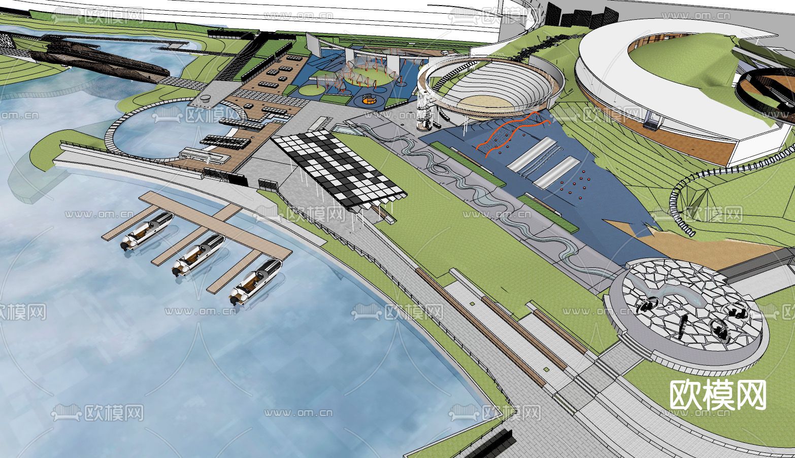 现代滨水公园鸟瞰su模型下载（渲染图3）
