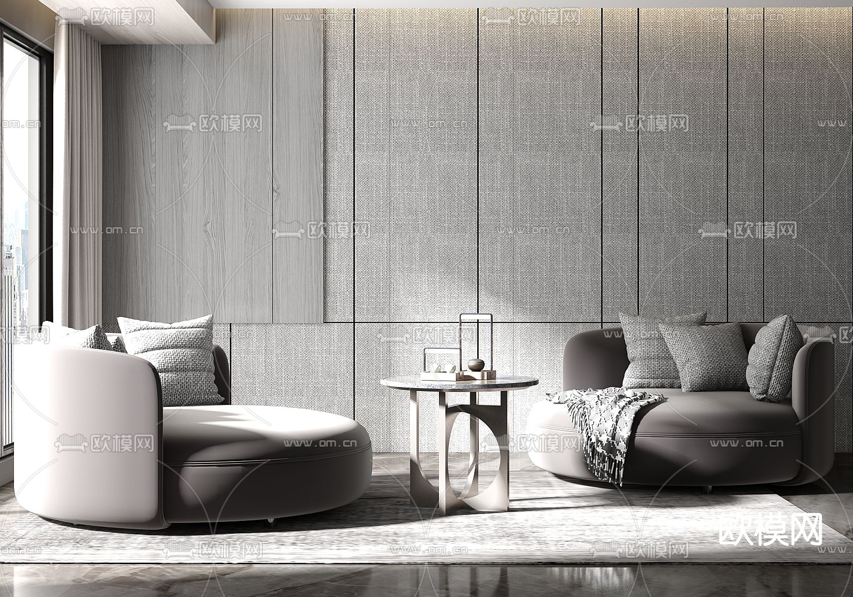 现代布艺休闲沙发su模型下载（渲染图1）