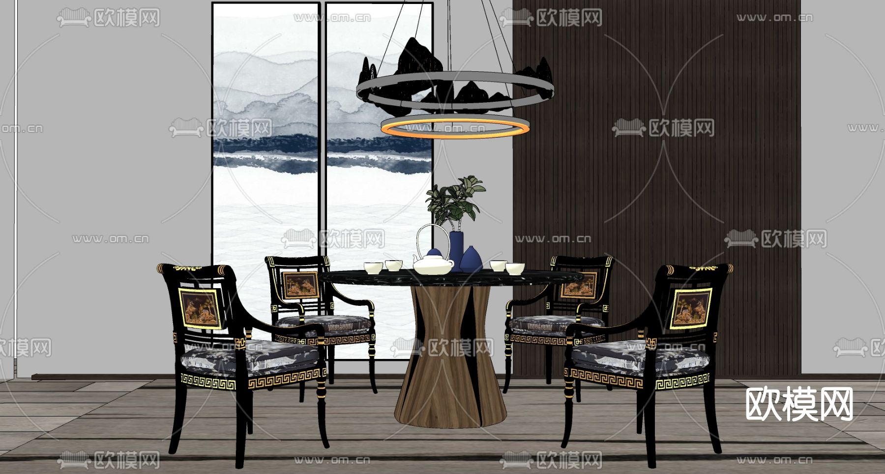 新中式轻奢餐桌椅su模型下载（渲染图2）