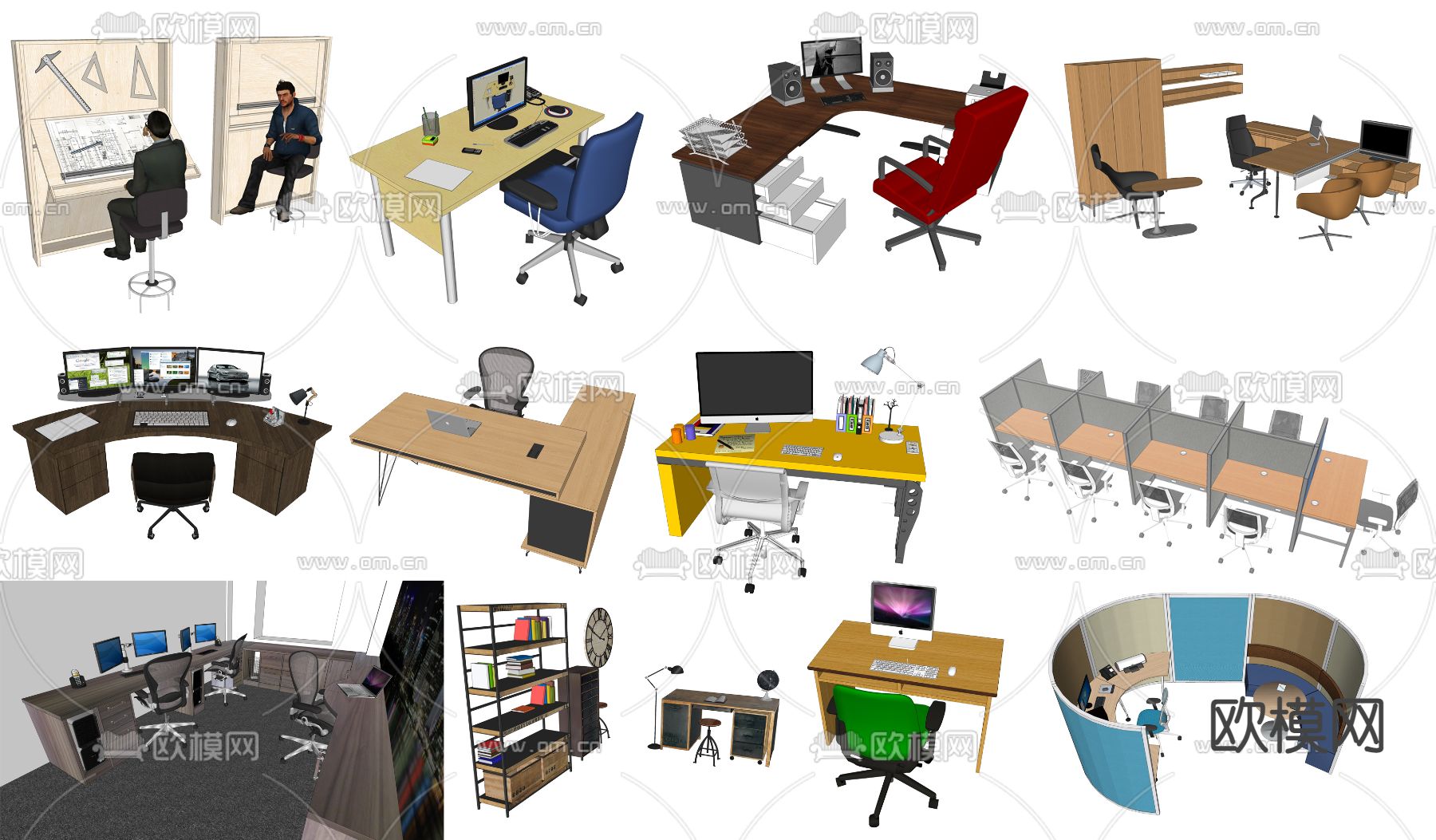 现代班台桌su模型下载