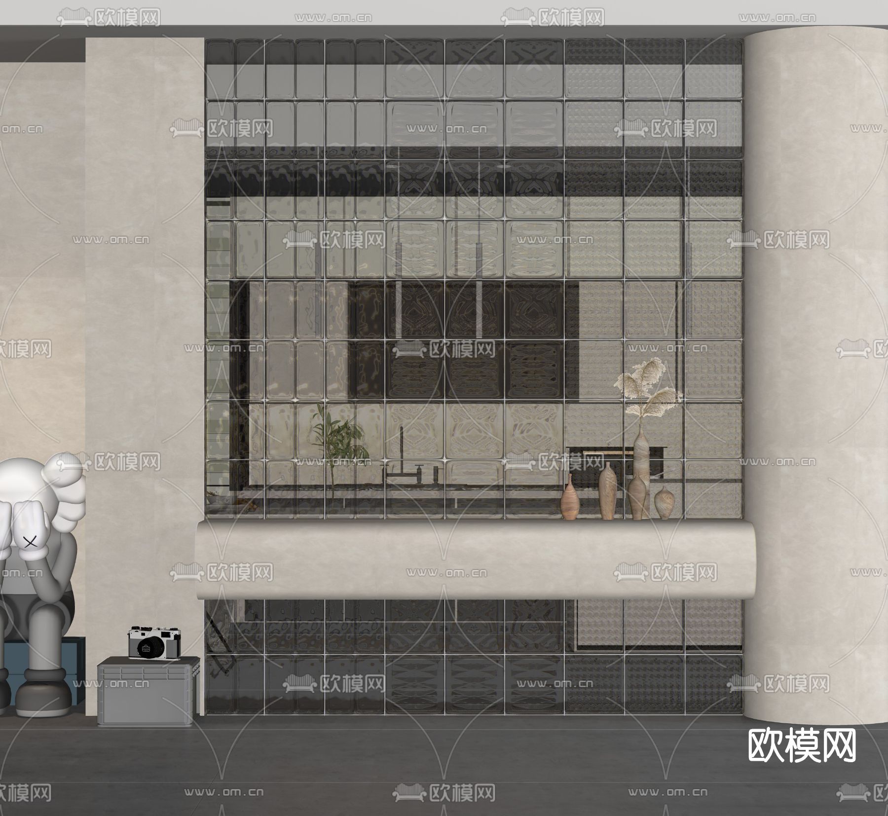现代玻璃砖隔断su模型下载（渲染图2）