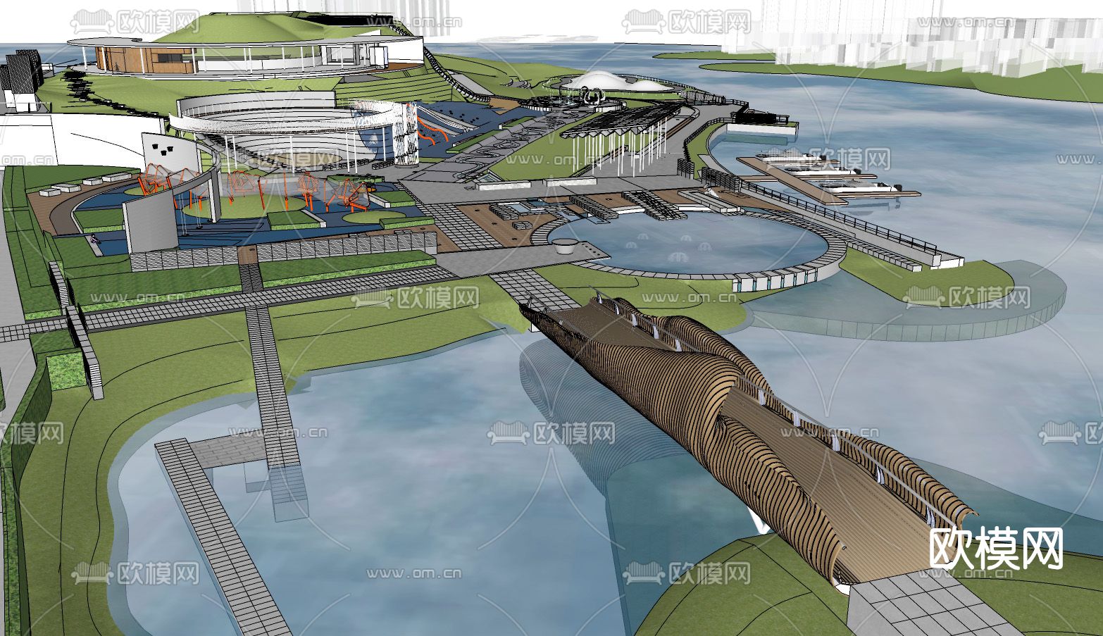 现代滨水公园鸟瞰su模型下载（渲染图4）
