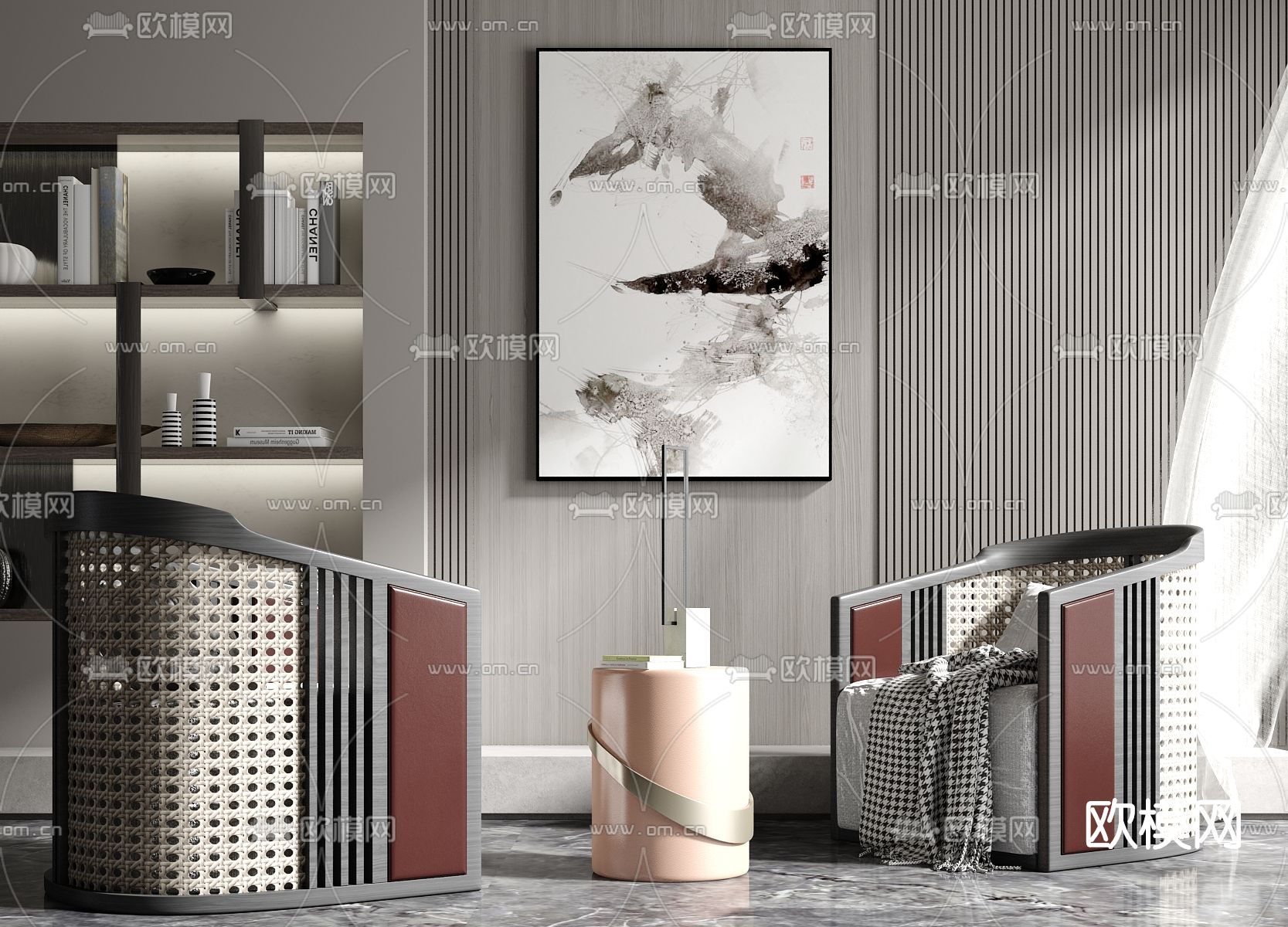 新中式藤编休闲椅su模型下载（渲染图1）