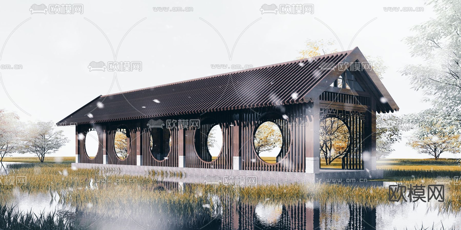 新中式景观长廊3d模型下载