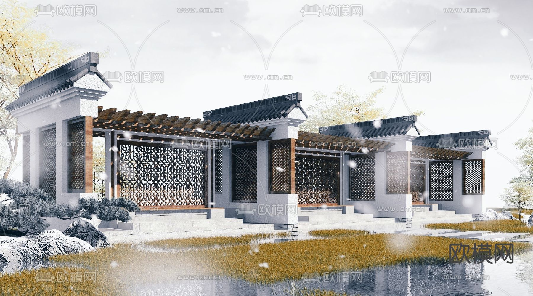 中式长廊园林景观小品3d模型下载