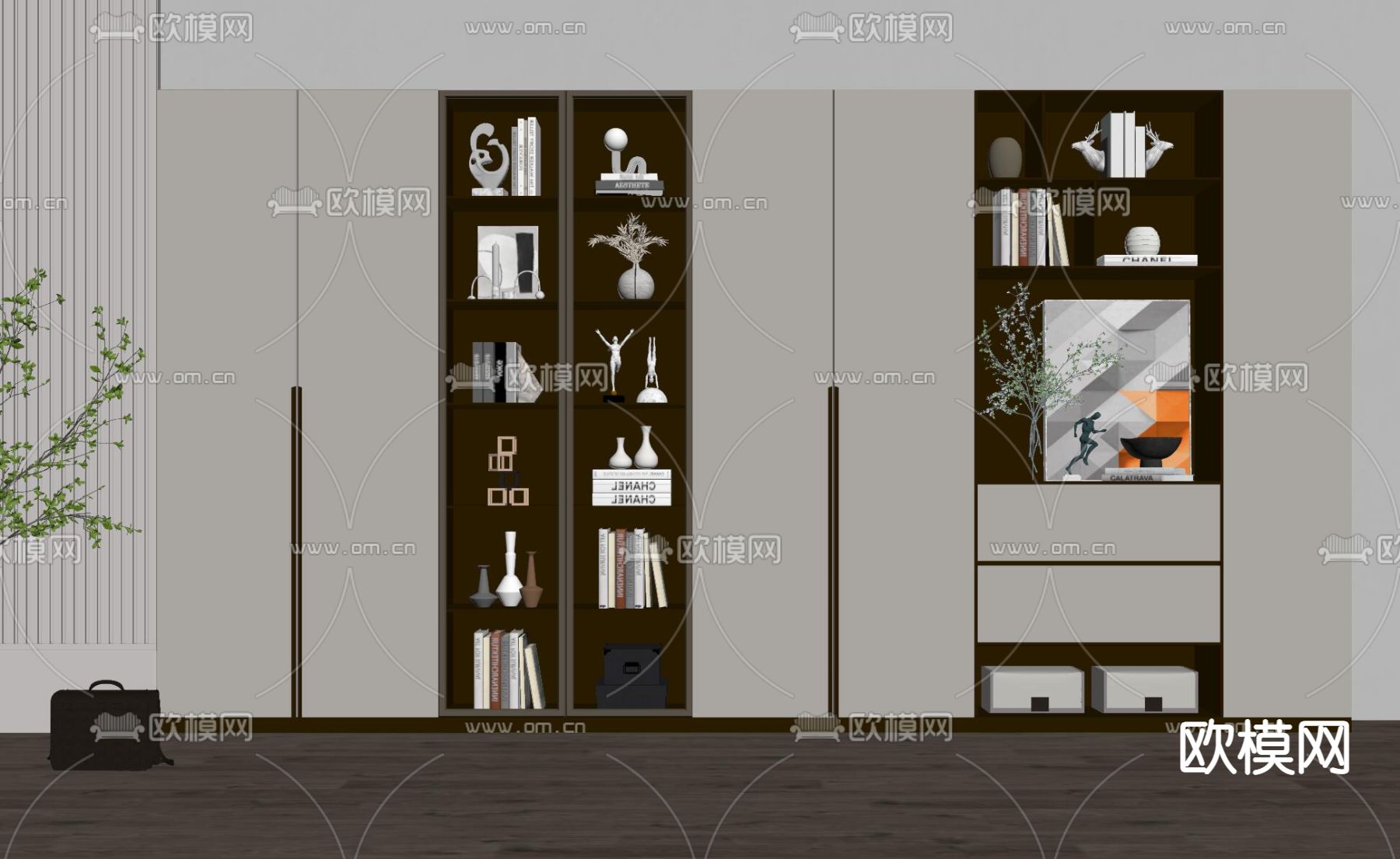 现代轻奢书柜su模型下载（渲染图2）