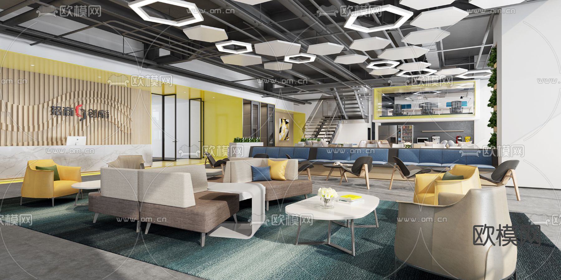 现代办公室休息区3d模型下载