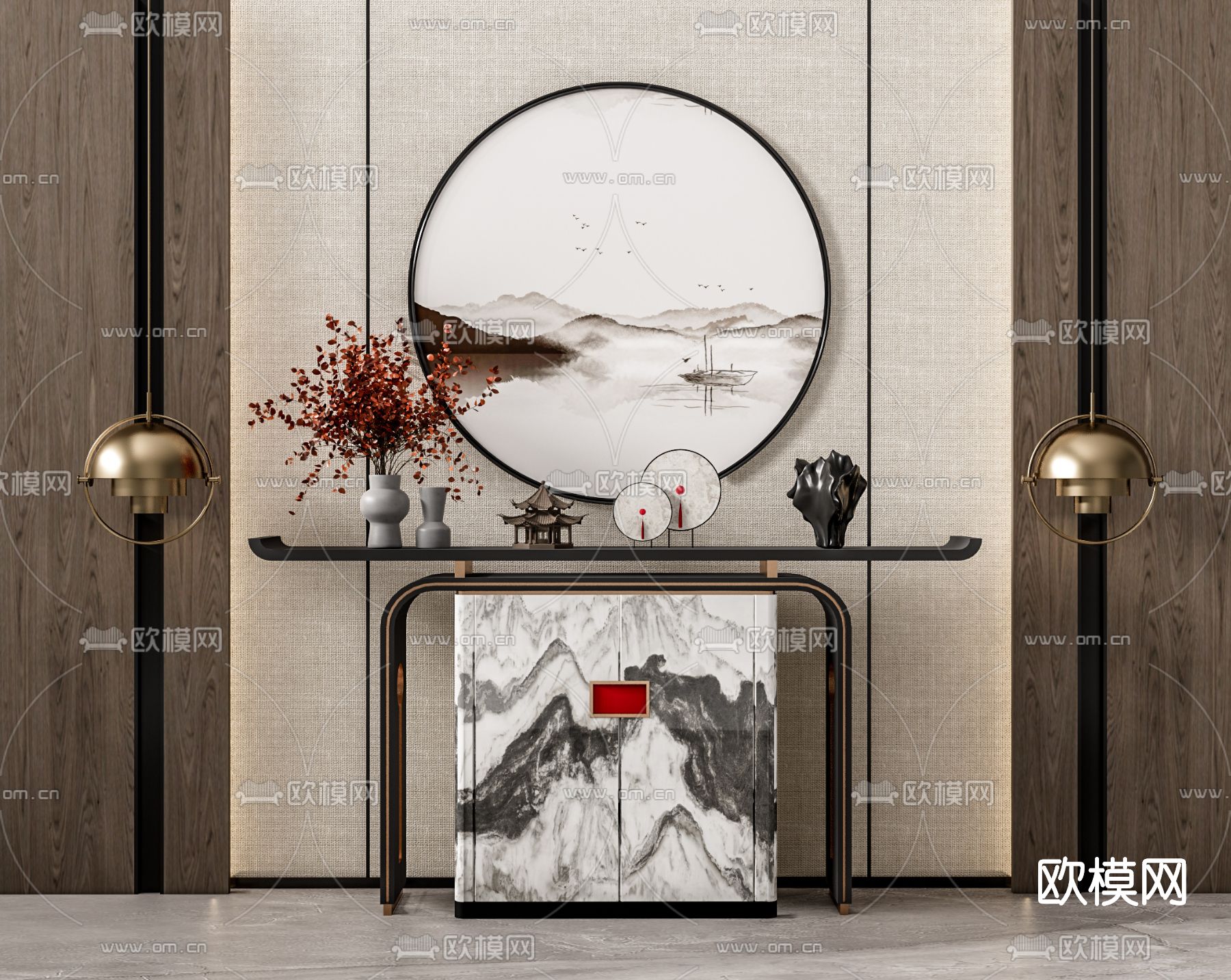 新中式端景条案su模型下载（渲染图1）