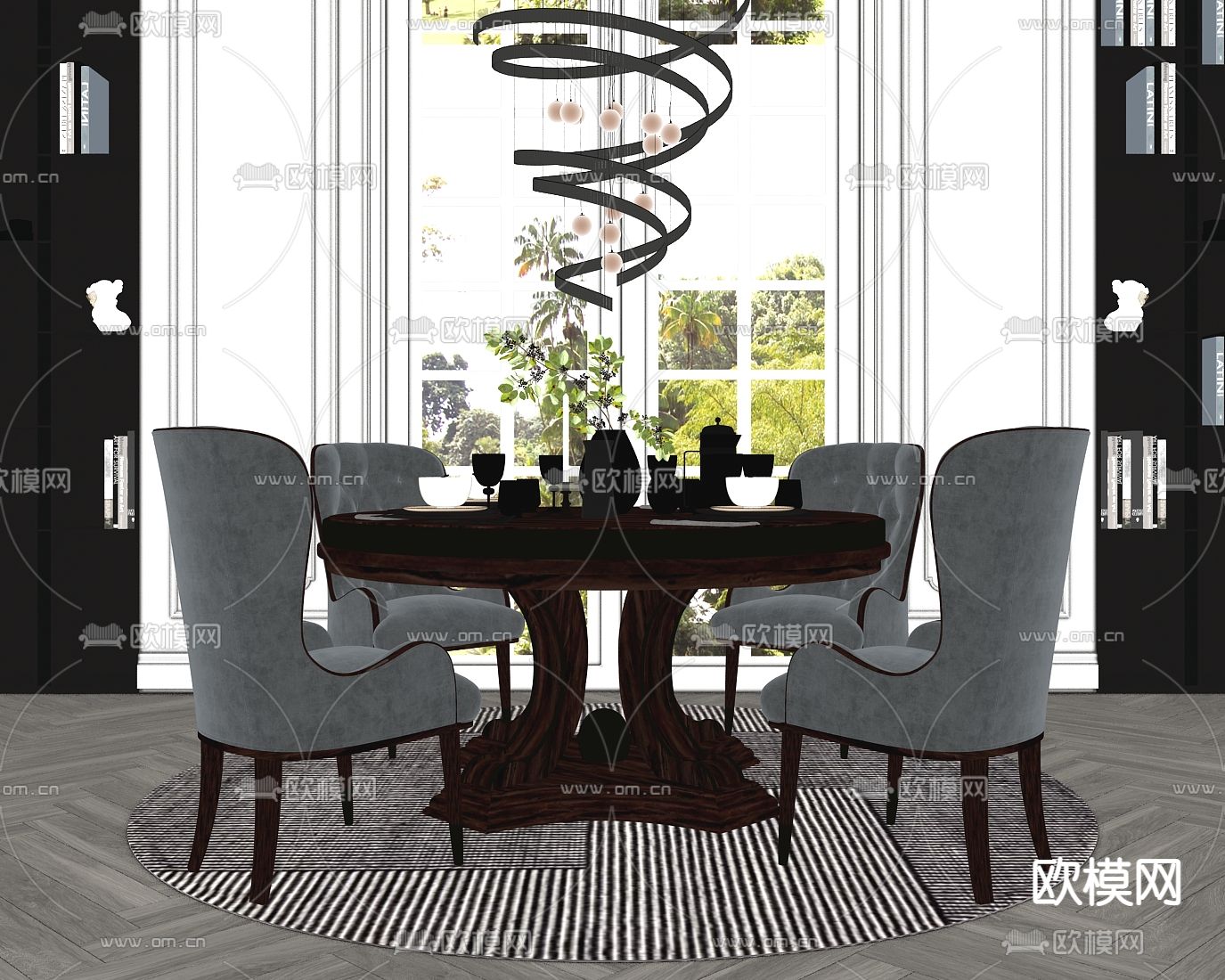 美式圆形餐桌椅su模型下载（渲染图2）