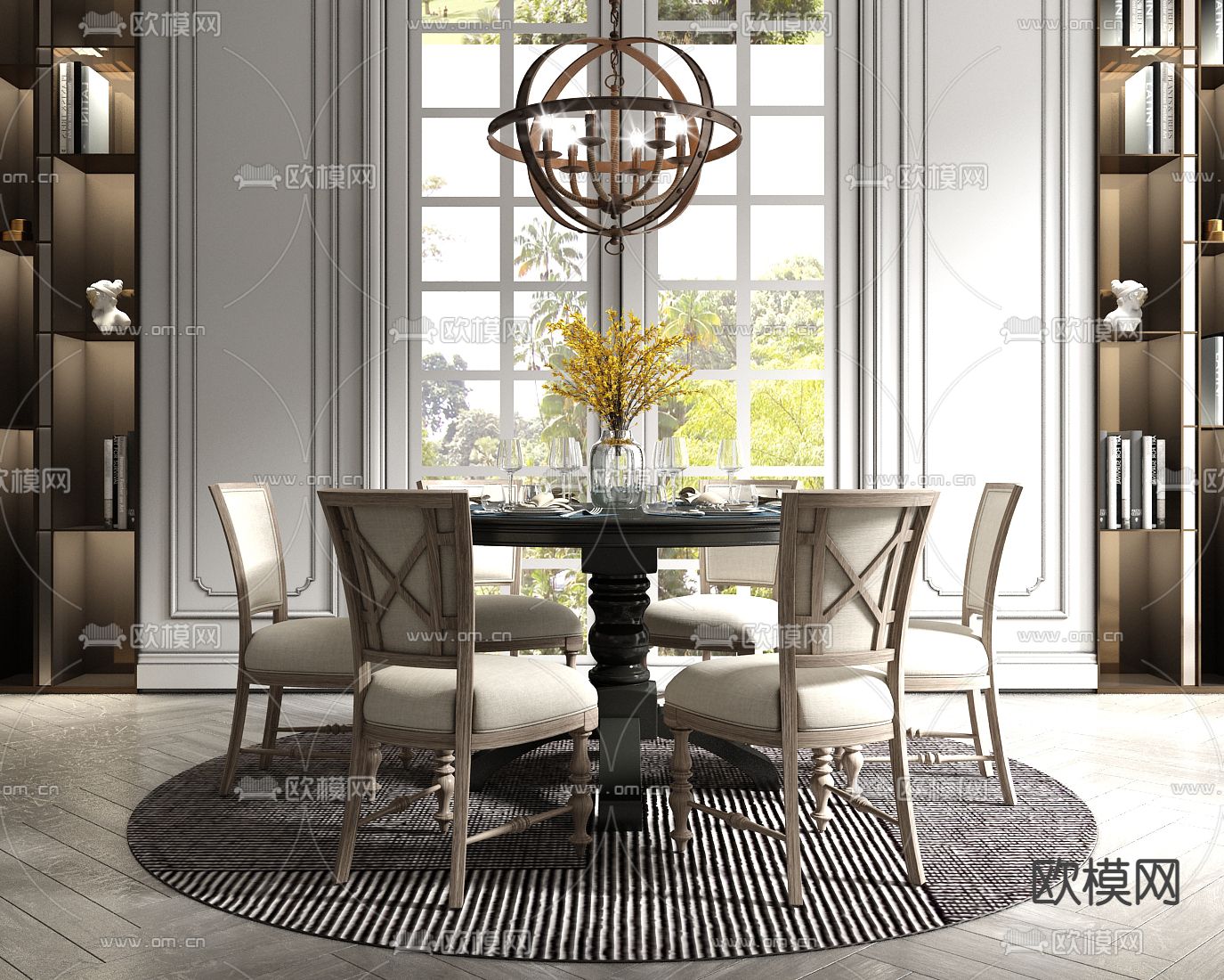 美式圆形餐桌椅su模型下载（渲染图1）