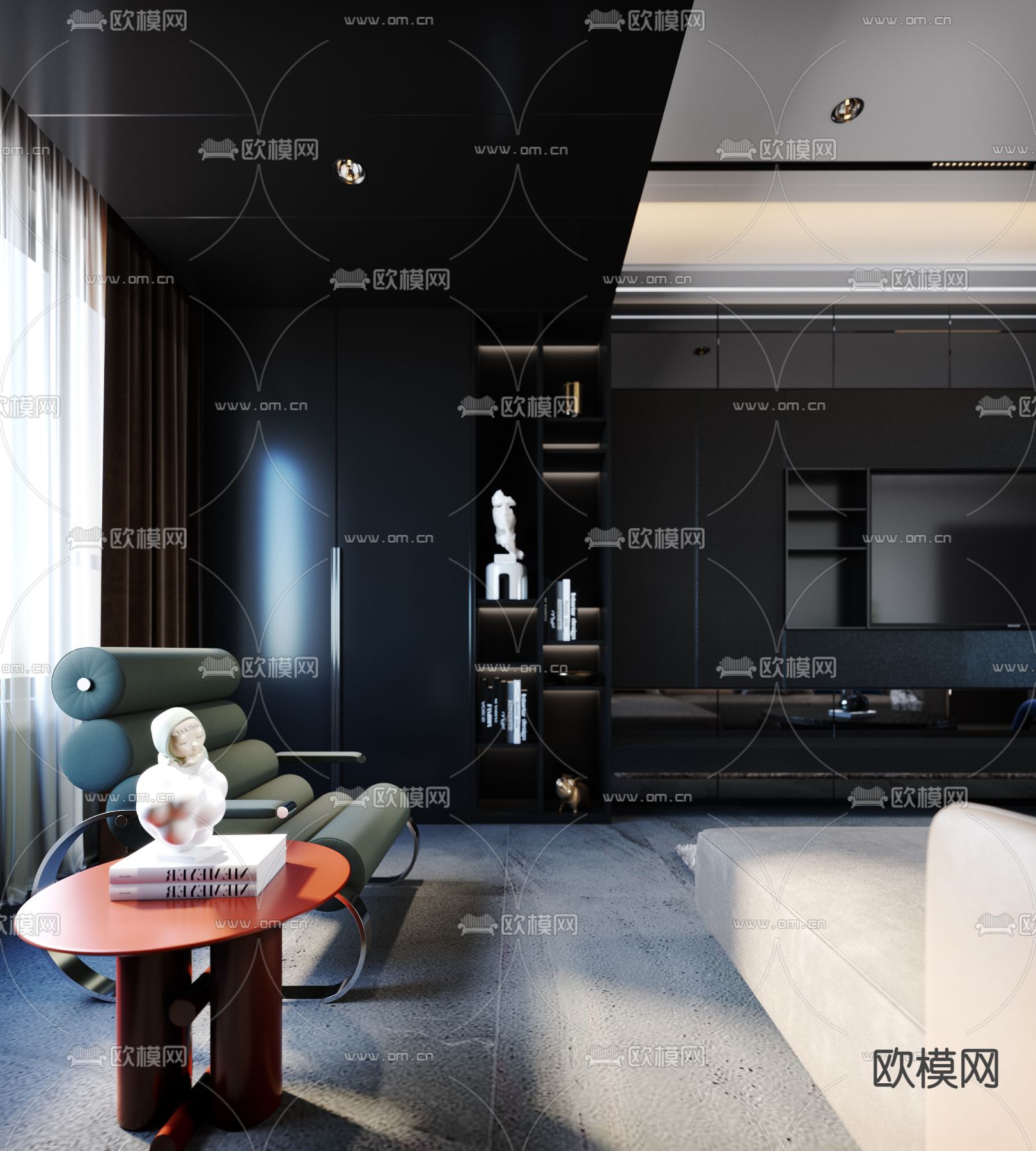现代高级灰客厅餐厅3d模型