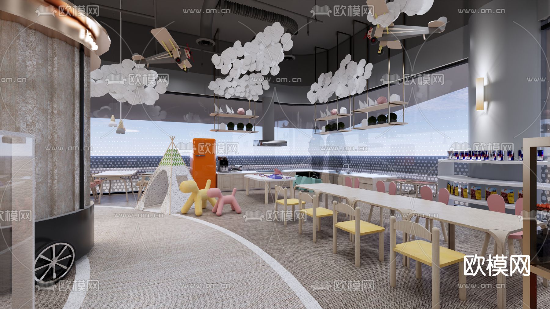 现代亲子餐厅su模型下载（渲染图1）