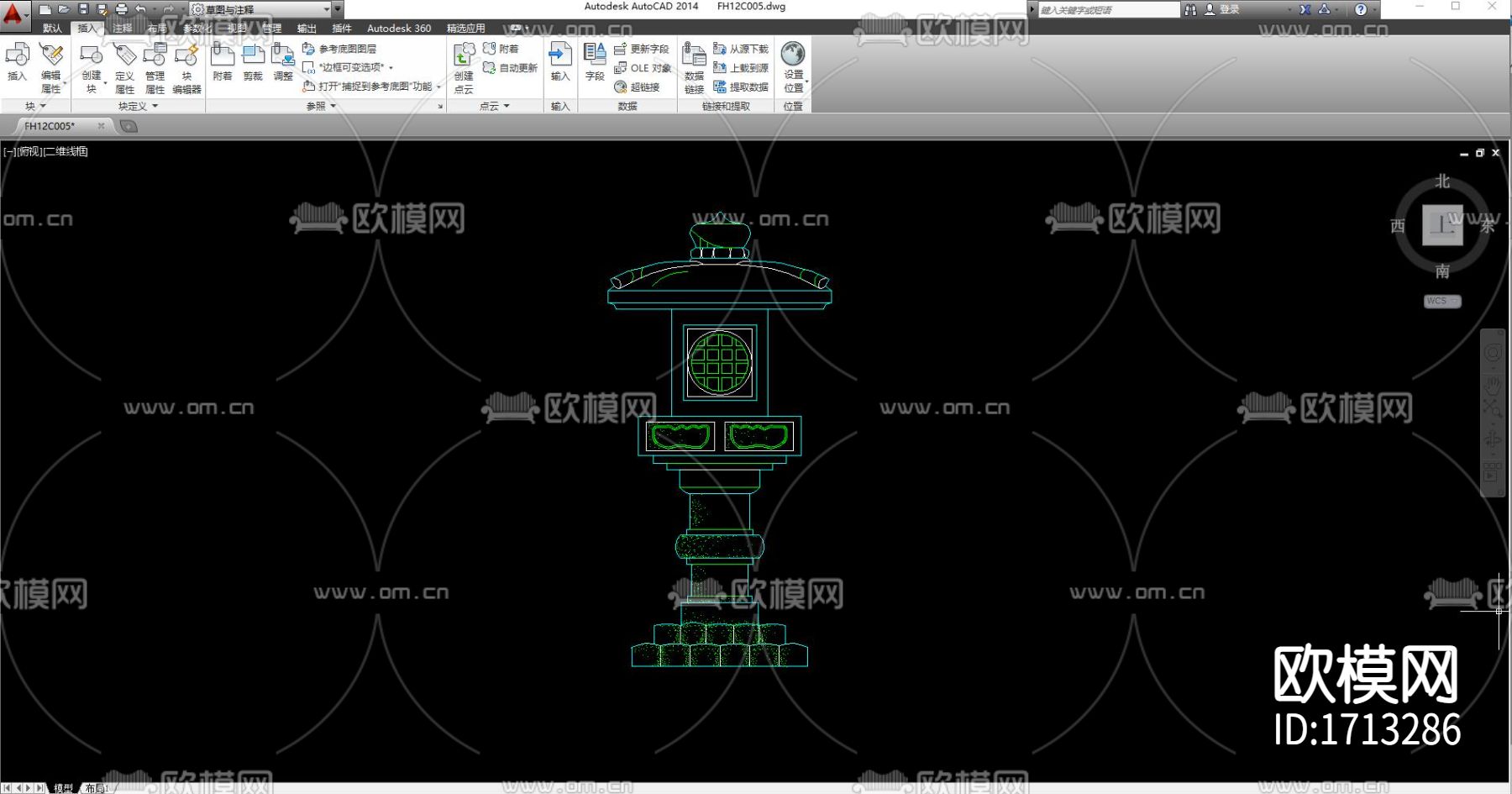 中式石灯盆栽cad图库下载（渲染图1）