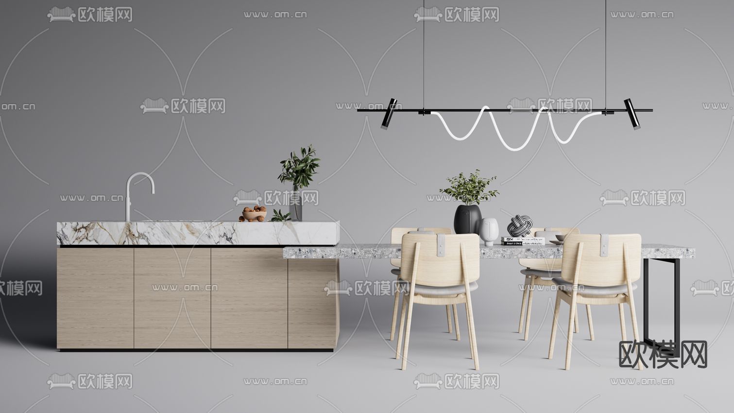 北欧中岛餐桌椅su模型下载（渲染图1）