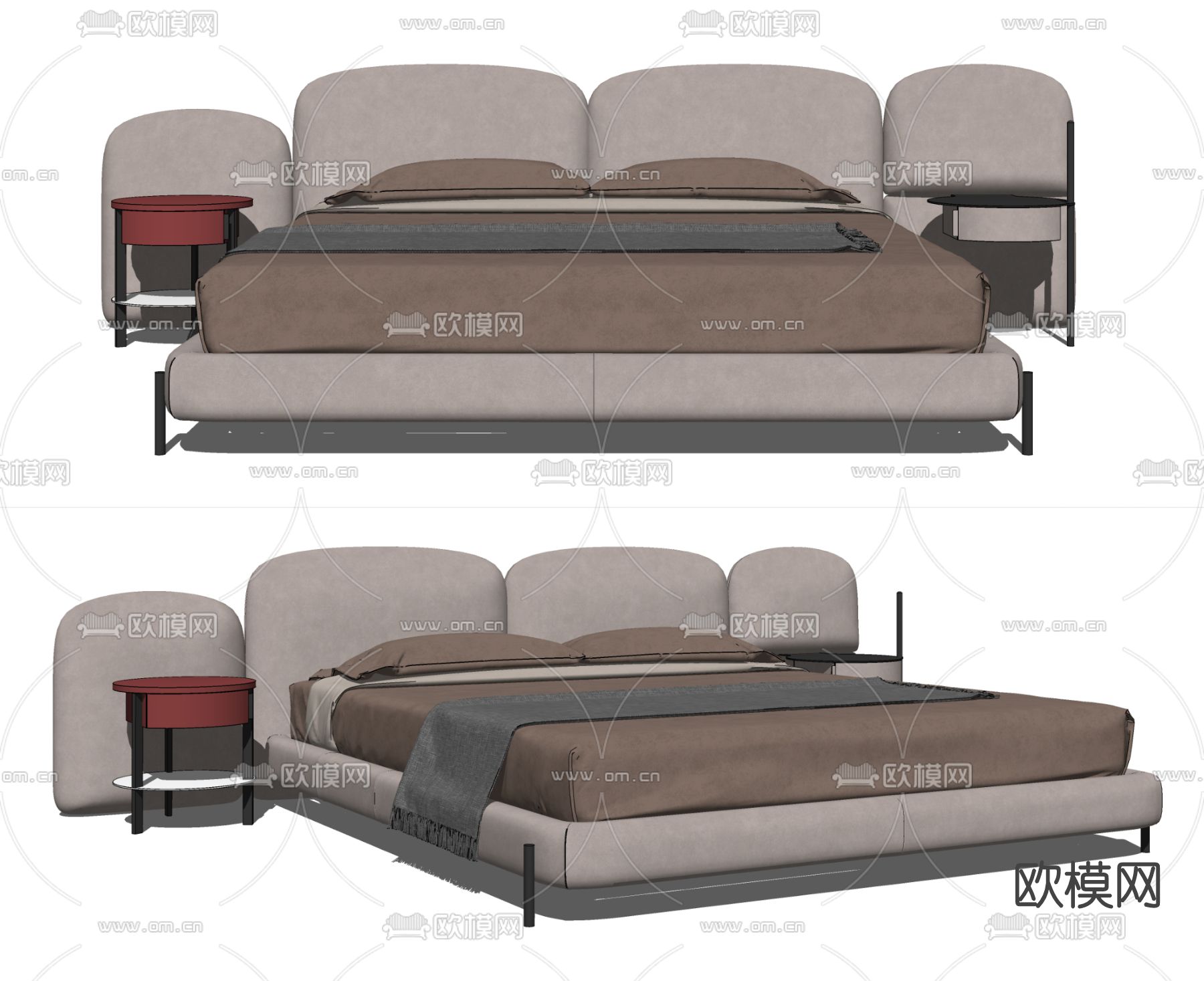 现代布艺双人床su模型下载（渲染图2）