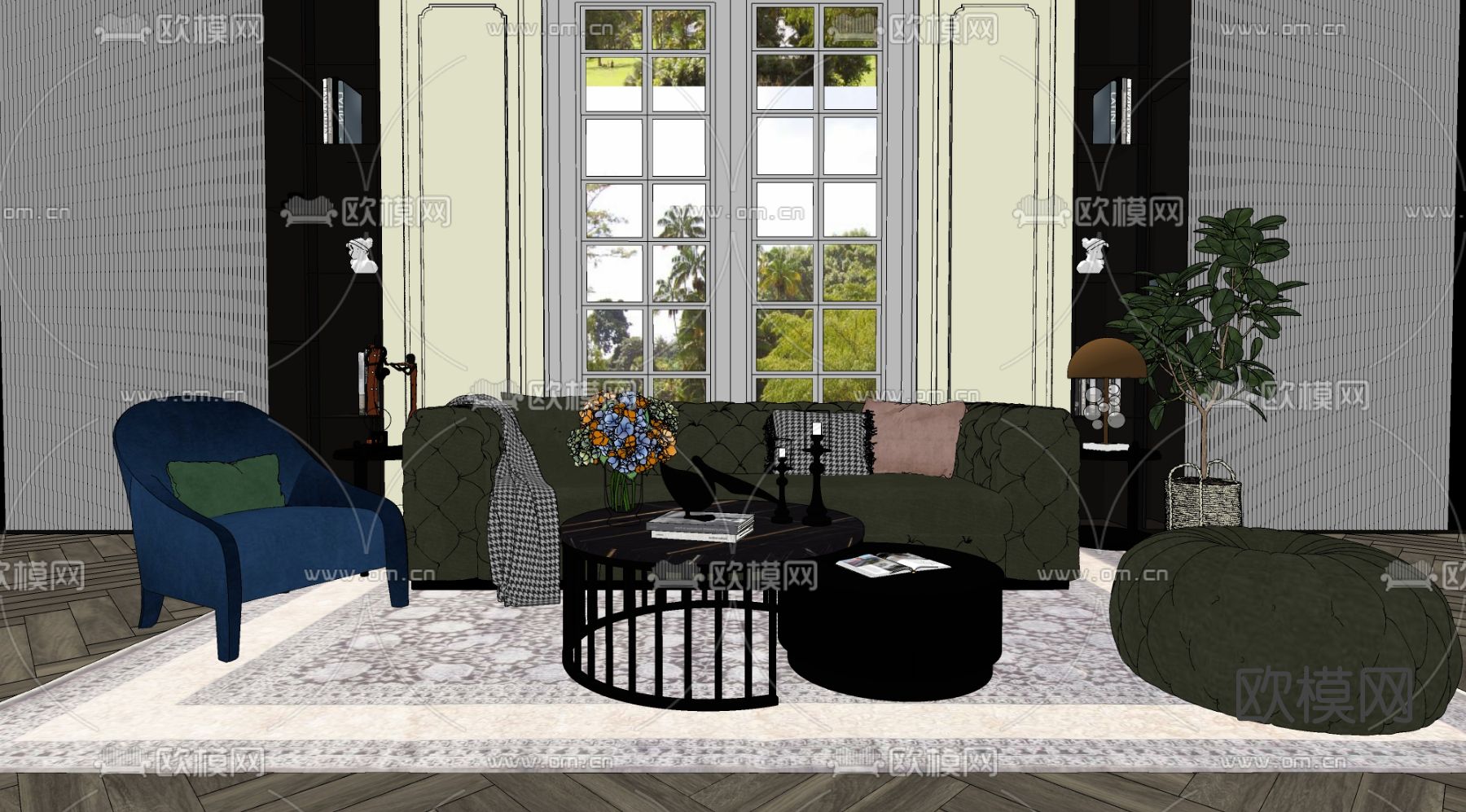 现代布艺沙发组合su模型下载（渲染图2）