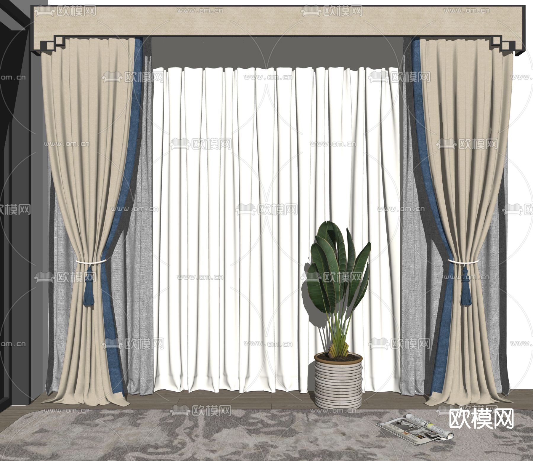 新中式布艺窗帘纱帘su模型下载（渲染图2）