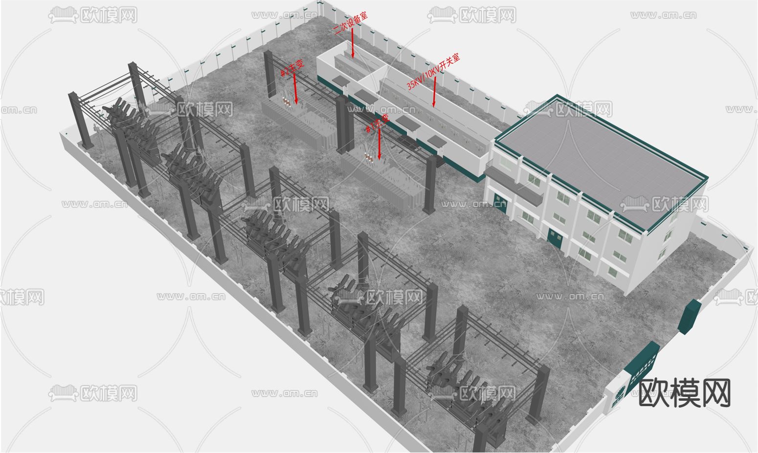 现代变电站室外变压器站免费3d模型下载（渲染图2）
