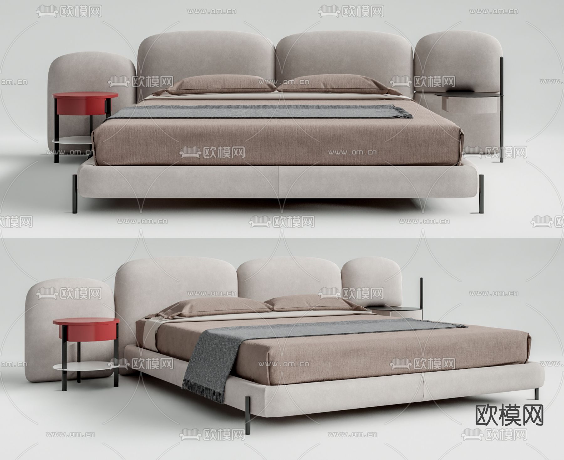 现代布艺双人床su模型下载（渲染图1）