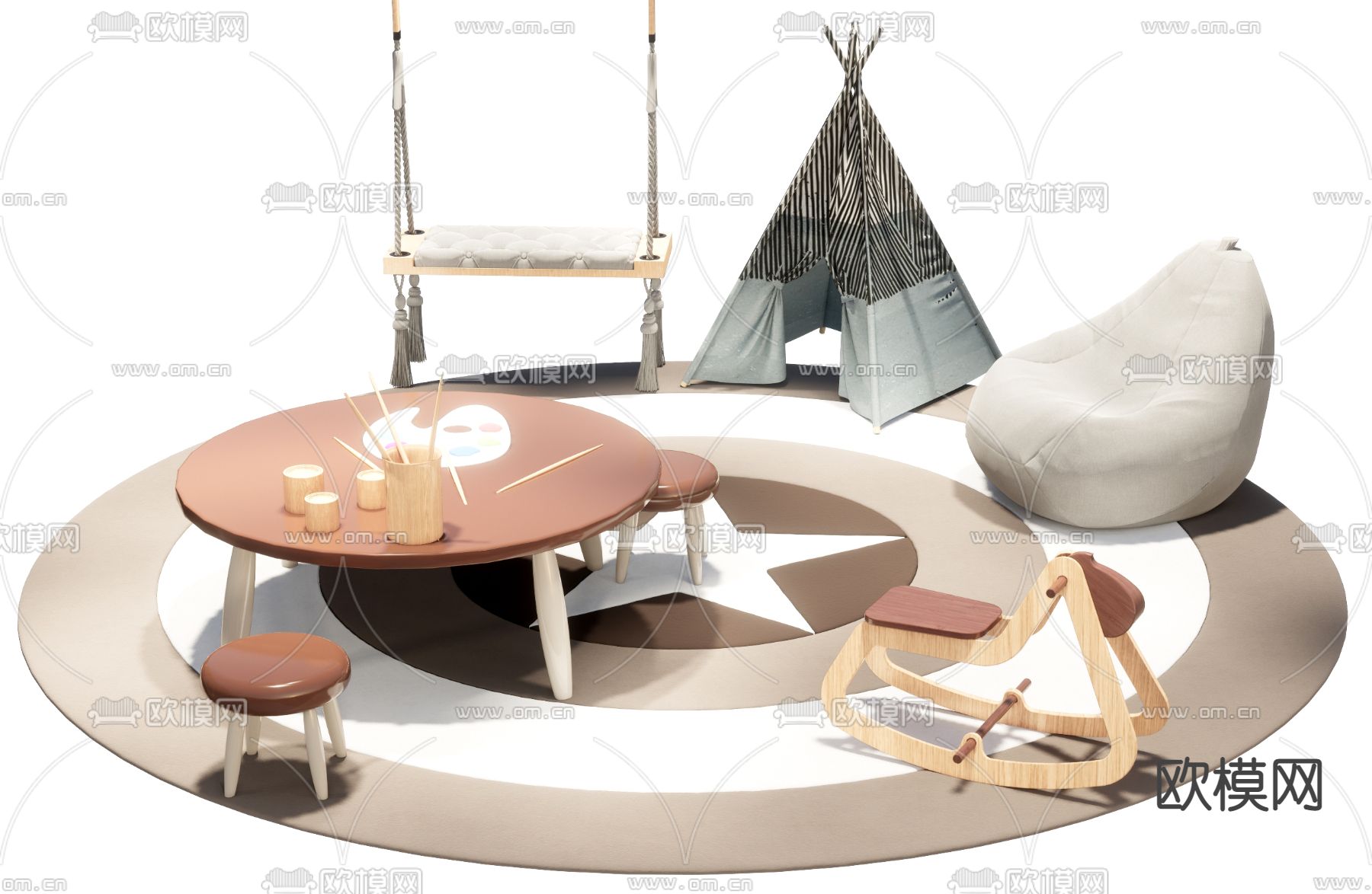 现代儿童桌椅su模型下载（渲染图1）