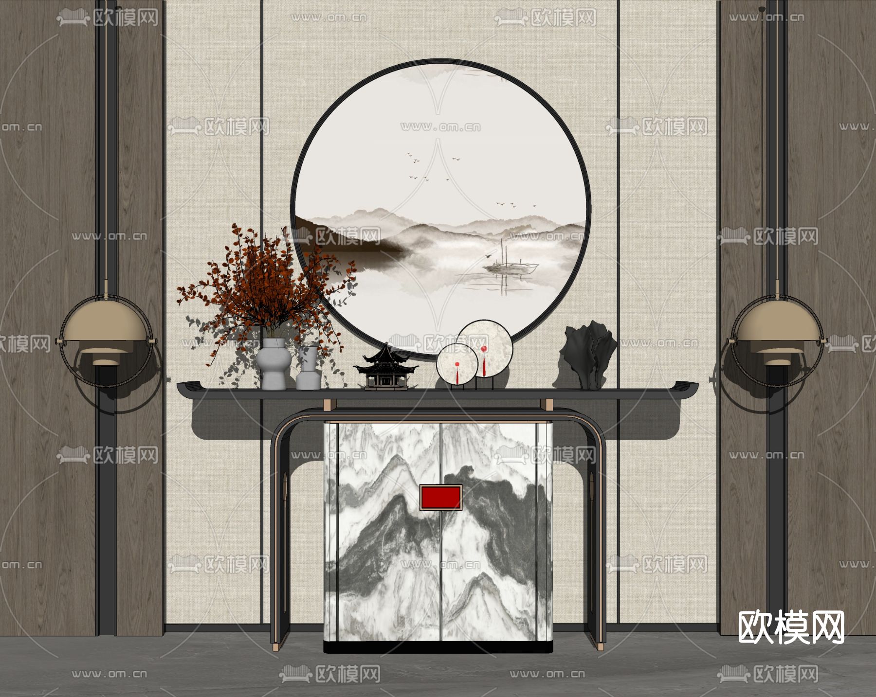 新中式端景条案su模型下载（渲染图2）