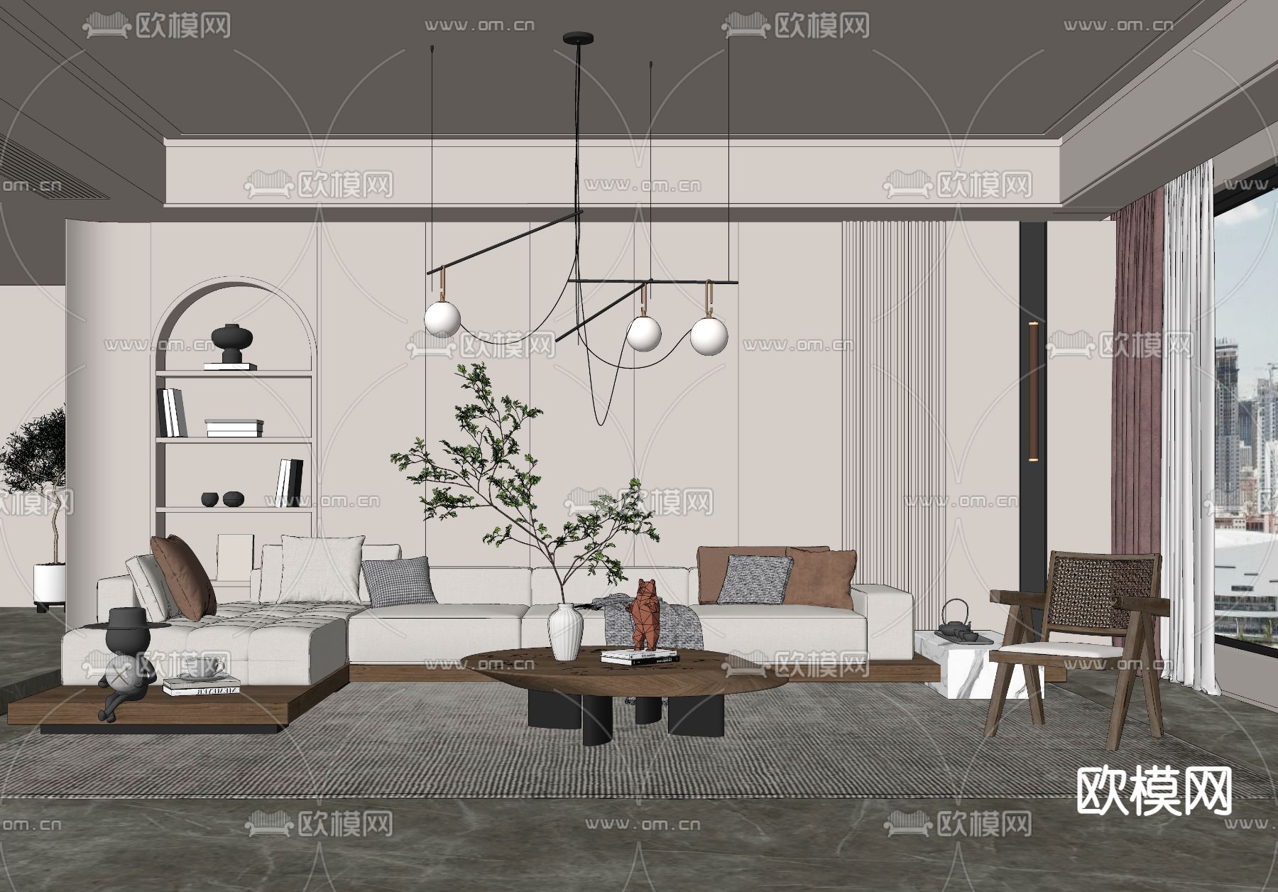 侘寂风布艺转角组合沙发su模型下载（渲染图2）