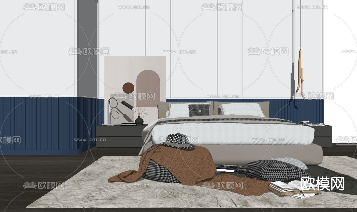 现代布艺双人床su模型下载