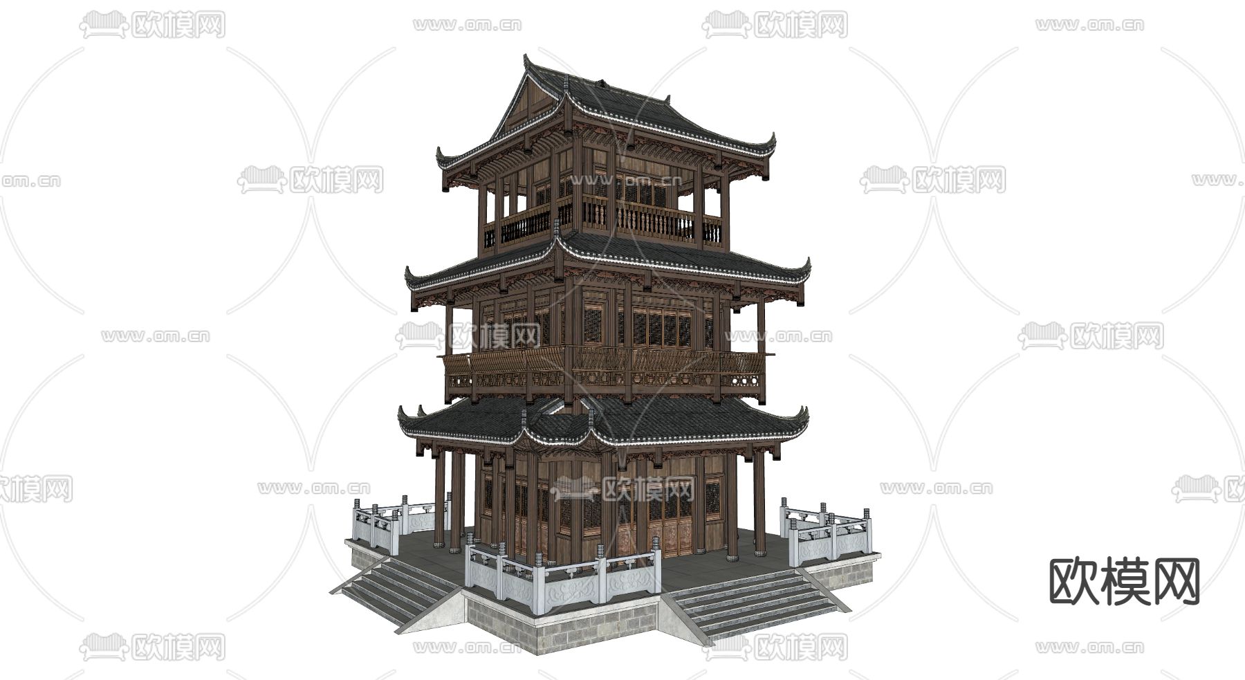 中式阁楼塔楼su模型下载