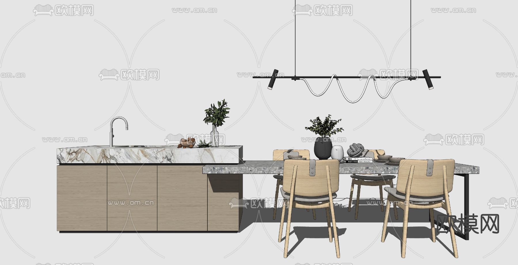 北欧中岛餐桌椅su模型下载（渲染图2）