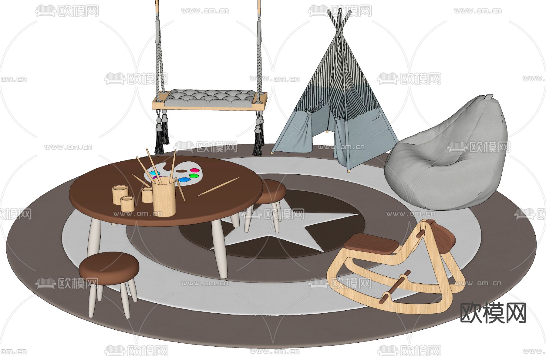 现代儿童桌椅su模型下载（渲染图2）