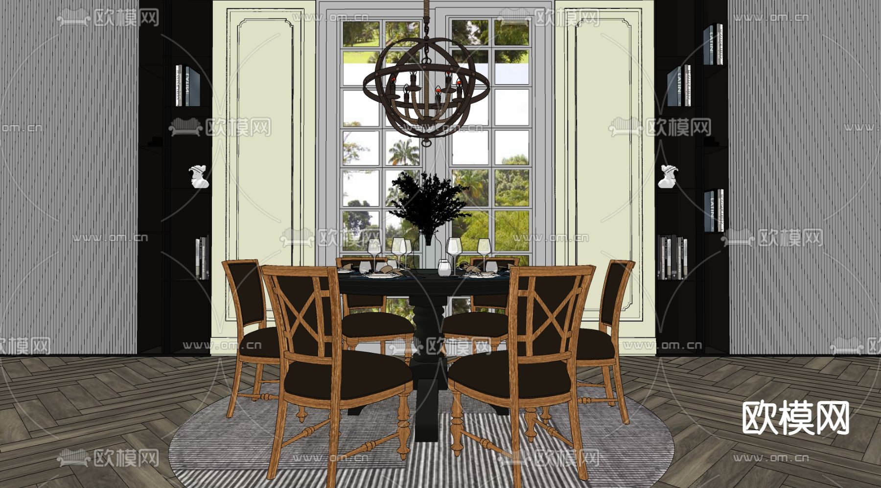 美式圆形餐桌椅su模型下载（渲染图2）