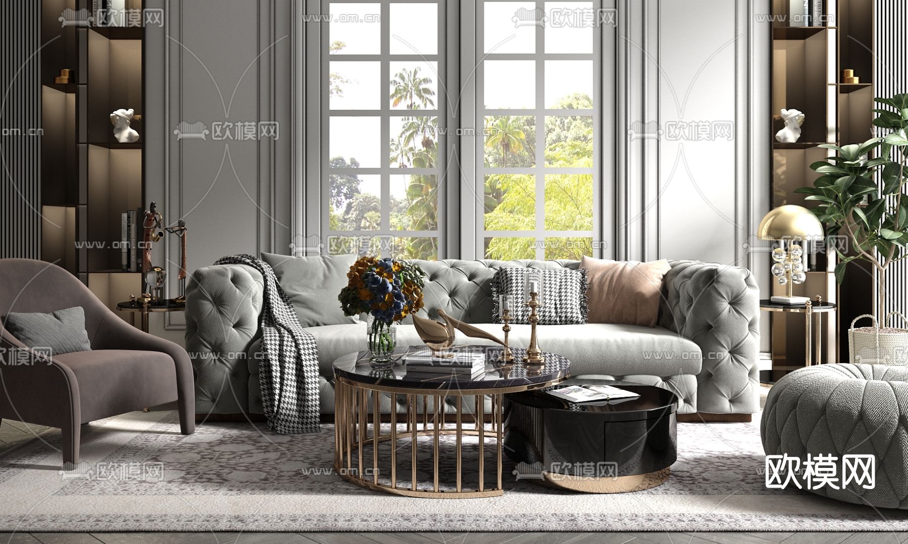 现代布艺沙发组合su模型下载（渲染图1）